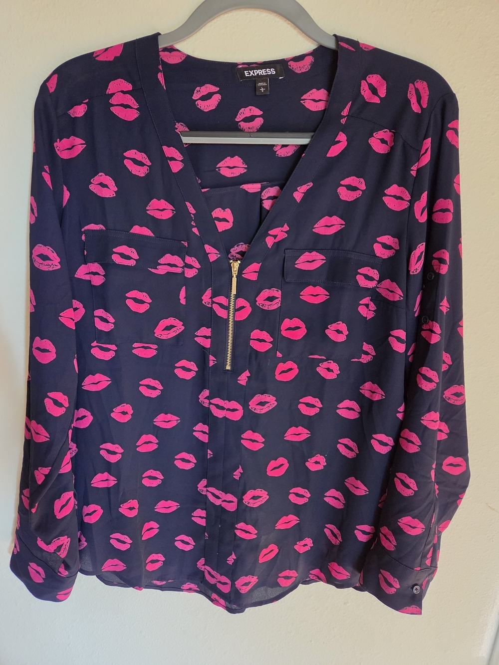 Express Navy Blouse with Hot Pink Lip Print